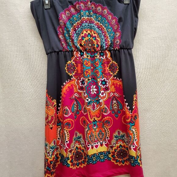Bongo Strapless Sleeveless BOHO Mini Dress in Vibrant Multi Color Size S - Picture 3 of 9
